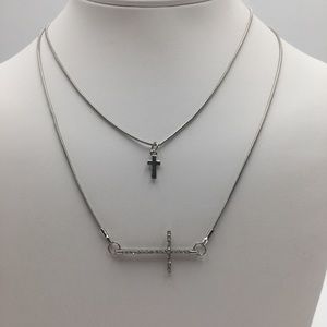 Silver toned necklace cross pendant rhinestones two strands chain